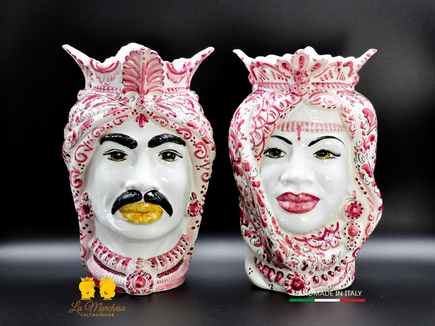 Coppia Teste di Moro Ceramica di Caltagirone Afro decoro monocromatico bordeaux 37cm