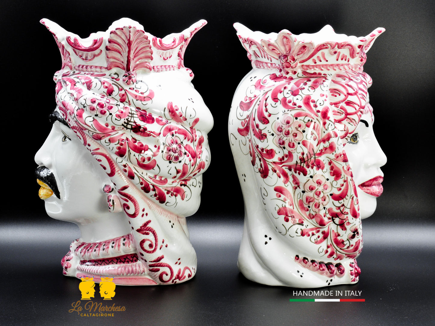 Coppia Teste di Moro Ceramica di Caltagirone Afro decoro monocromatico bordeaux 37cm