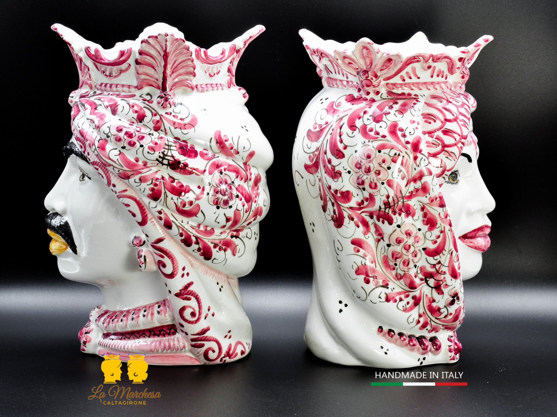 Coppia Teste di Moro Ceramica di Caltagirone Afro decoro monocromatico bordeaux 37cm