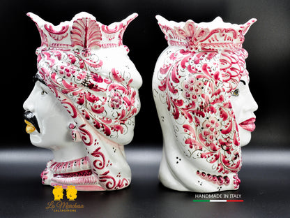 Coppia Teste di Moro Ceramica di Caltagirone Afro decoro monocromatico bordeaux 37cm