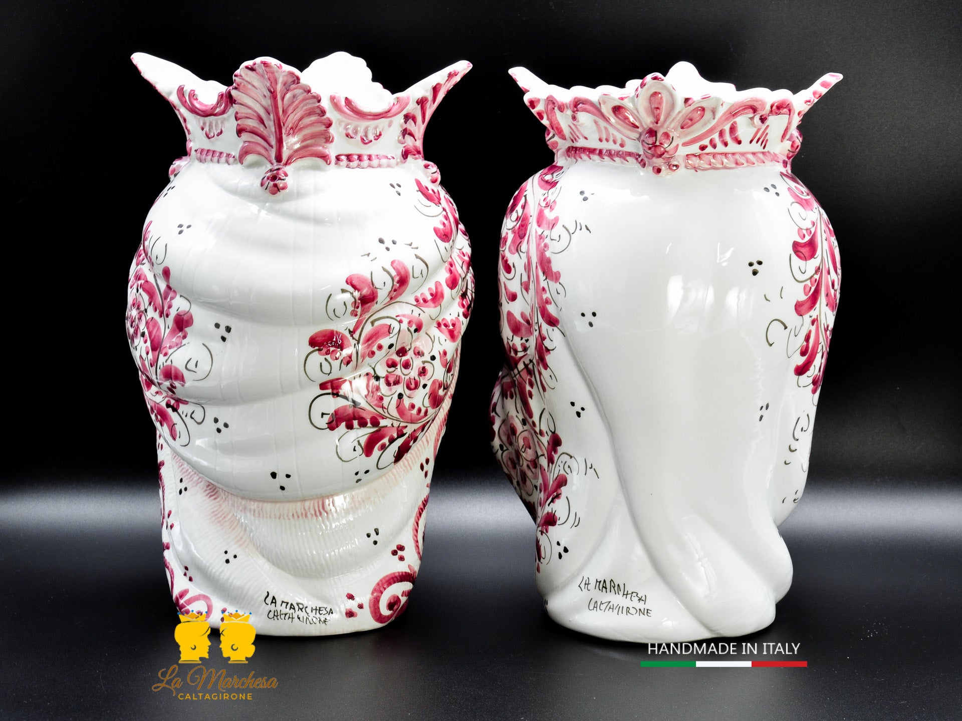 Coppia Teste di Moro Ceramica di Caltagirone Afro decoro monocromatico bordeaux 37cm