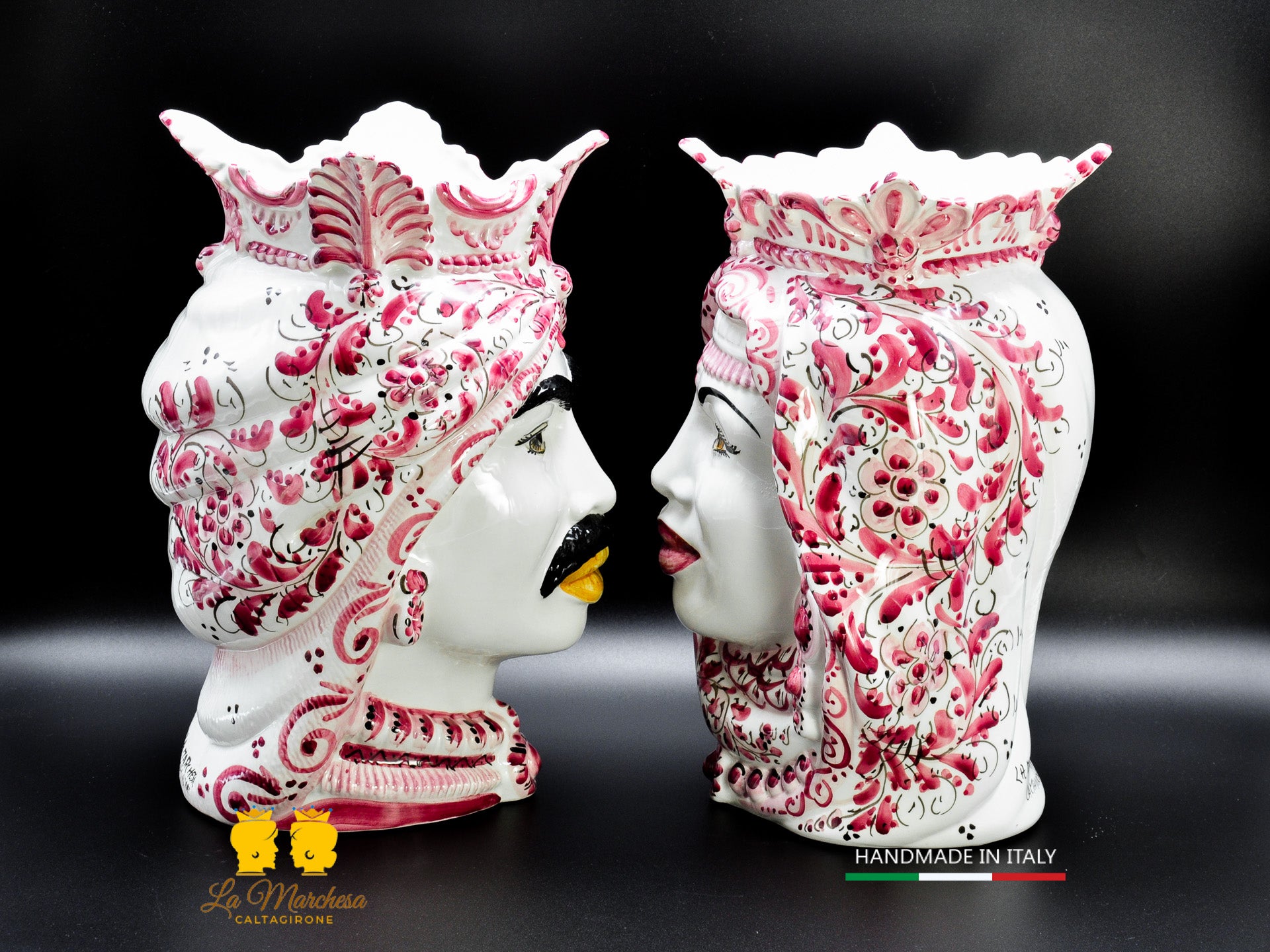 Coppia Teste di Moro Ceramica di Caltagirone Afro decoro monocromatico bordeaux 37cm