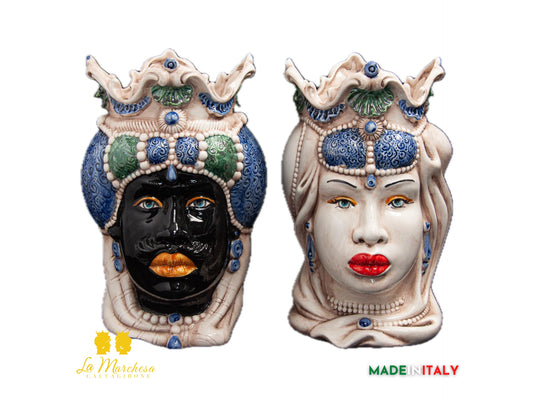Coppia di Teste di Moro Ceramica di Caltagirone barocco verde blu fumè - Varie Misure