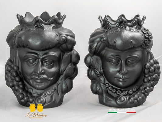 Coppia Teste di Moro Ceramica di Caltagirone in terracotta Nero satinato frutta