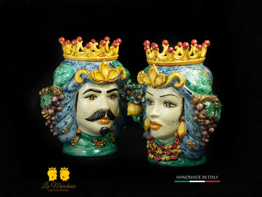 Teste di Moro in Ceramica di Caltagirone celeste frutta 35cm