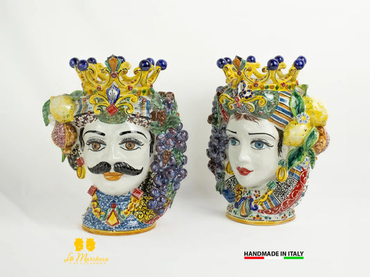 Teste di Moro in ceramica di Caltagirone decori dettagliati frutta 29cm