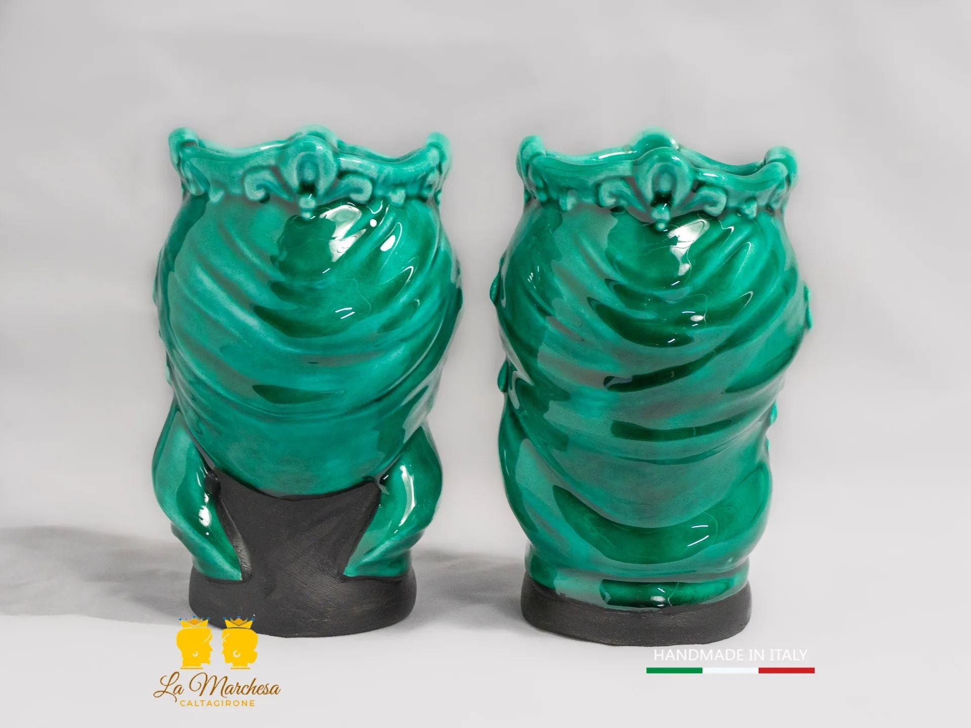 Teste Di Moro Siciliane In Ceramica - Coppia Verde 15cm, Artigianali Di Caltagirone, Vasi Decorativi - Foto 5