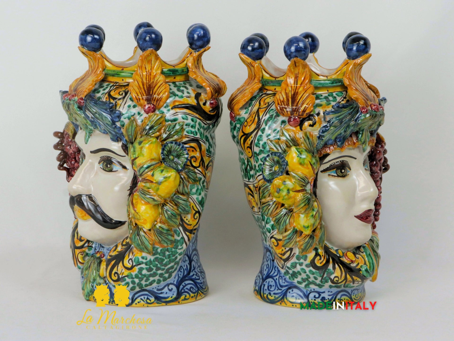 Teste di Moro Taormina Foglie in Ceramica di Caltagirone 29cm - Foglie e Frutta Bianco