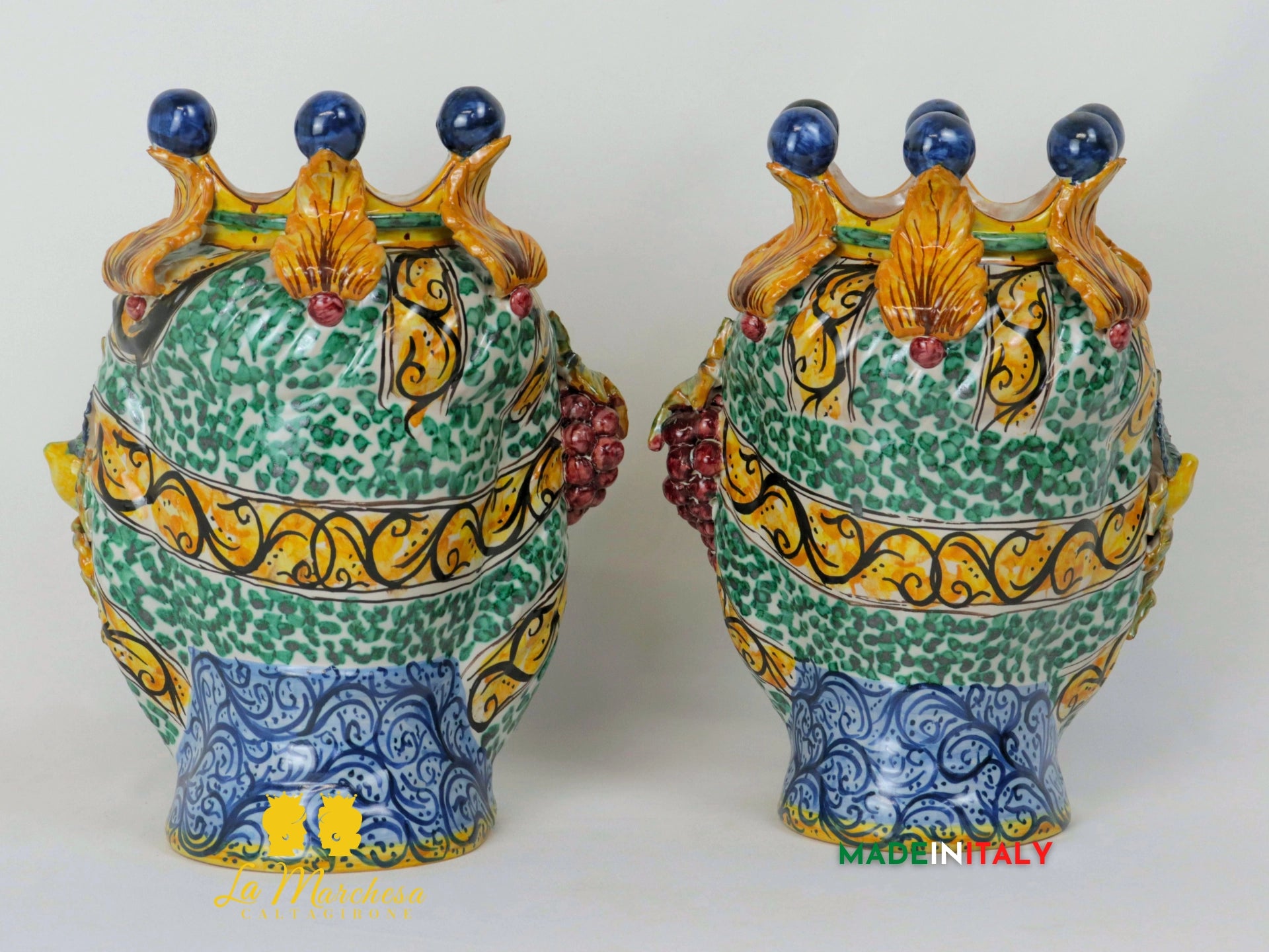 Teste di Moro Taormina Foglie in Ceramica di Caltagirone 29cm - Foglie e Frutta Bianco