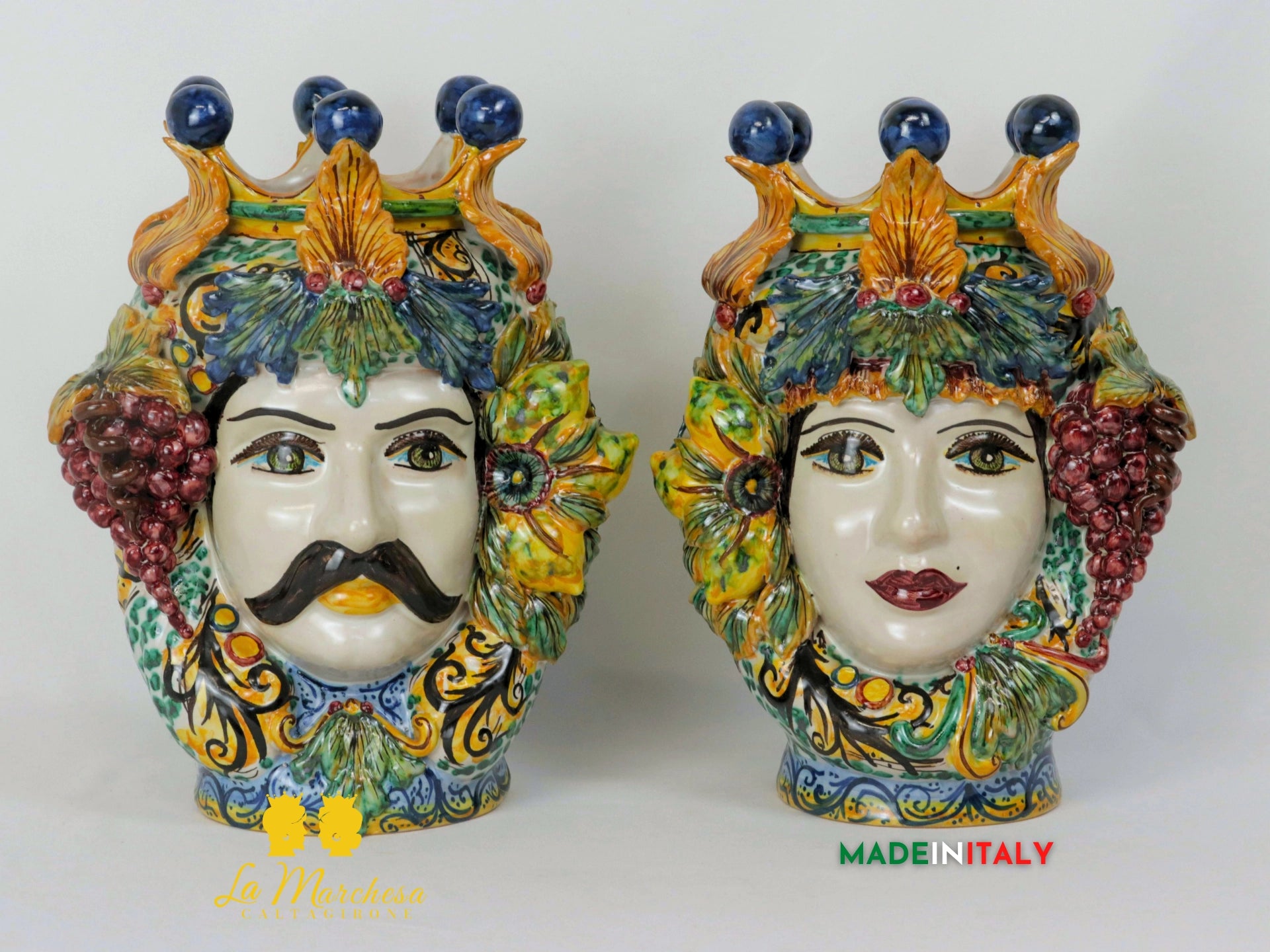 Teste di Moro Taormina Foglie in Ceramica di Caltagirone 29cm - Foglie e Frutta Bianco