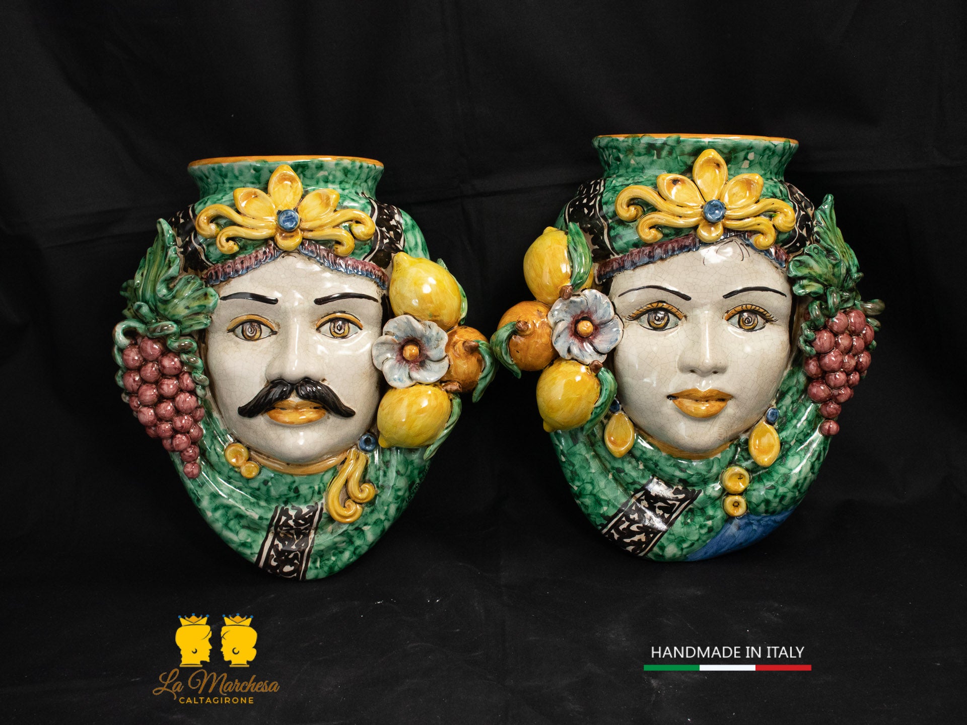 Teste di Moro da parete Ceramica di Caltagirone Classiche Verde rame frutta 28cm