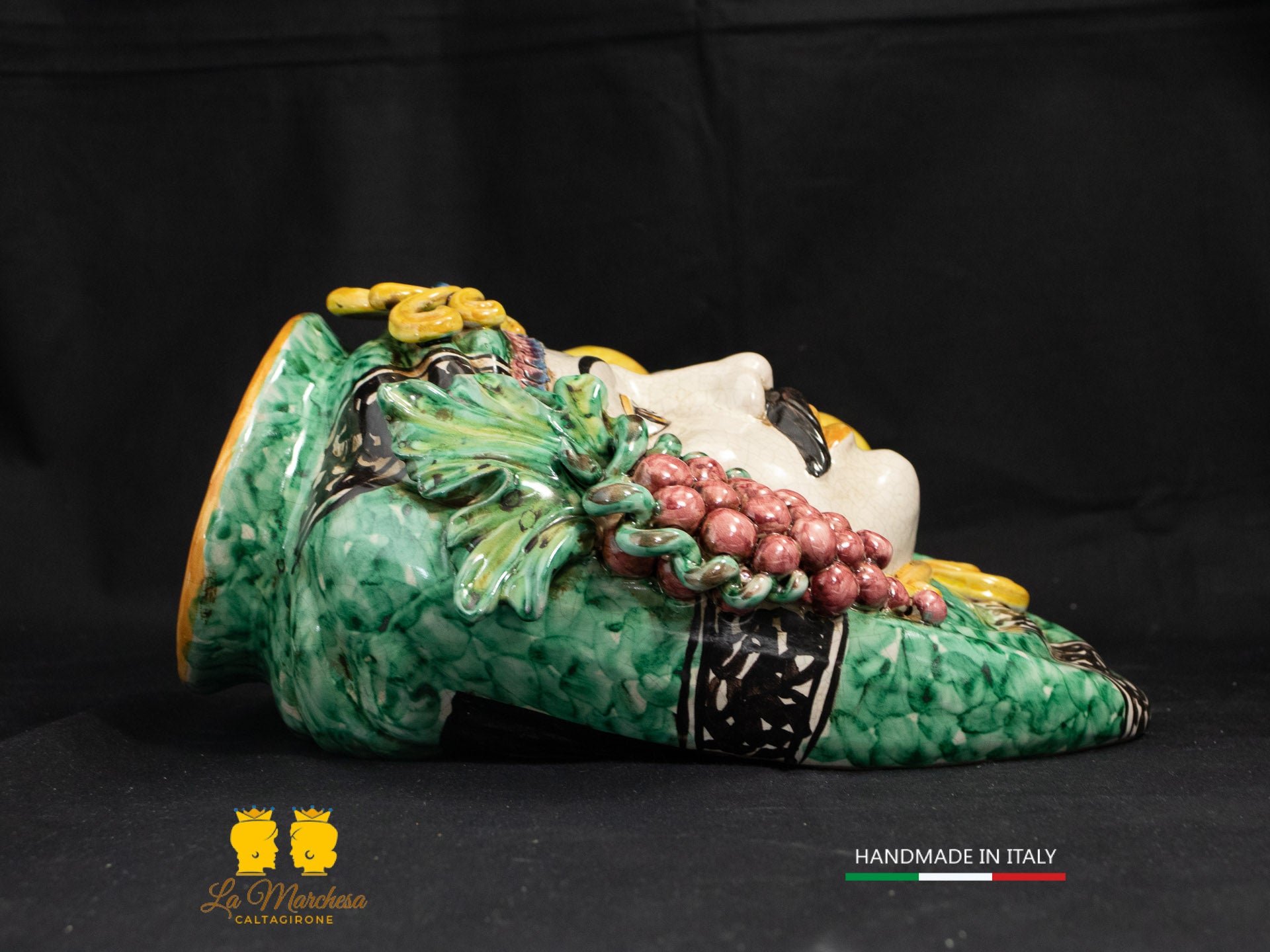 Teste di Moro da parete Ceramica di Caltagirone Classiche Verde rame frutta 28cm
