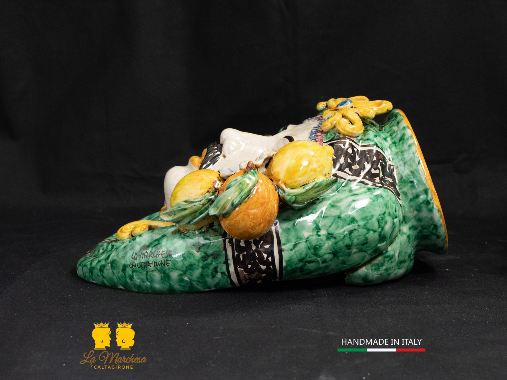 Teste di Moro da parete Ceramica di Caltagirone Classiche Verde rame frutta 28cm