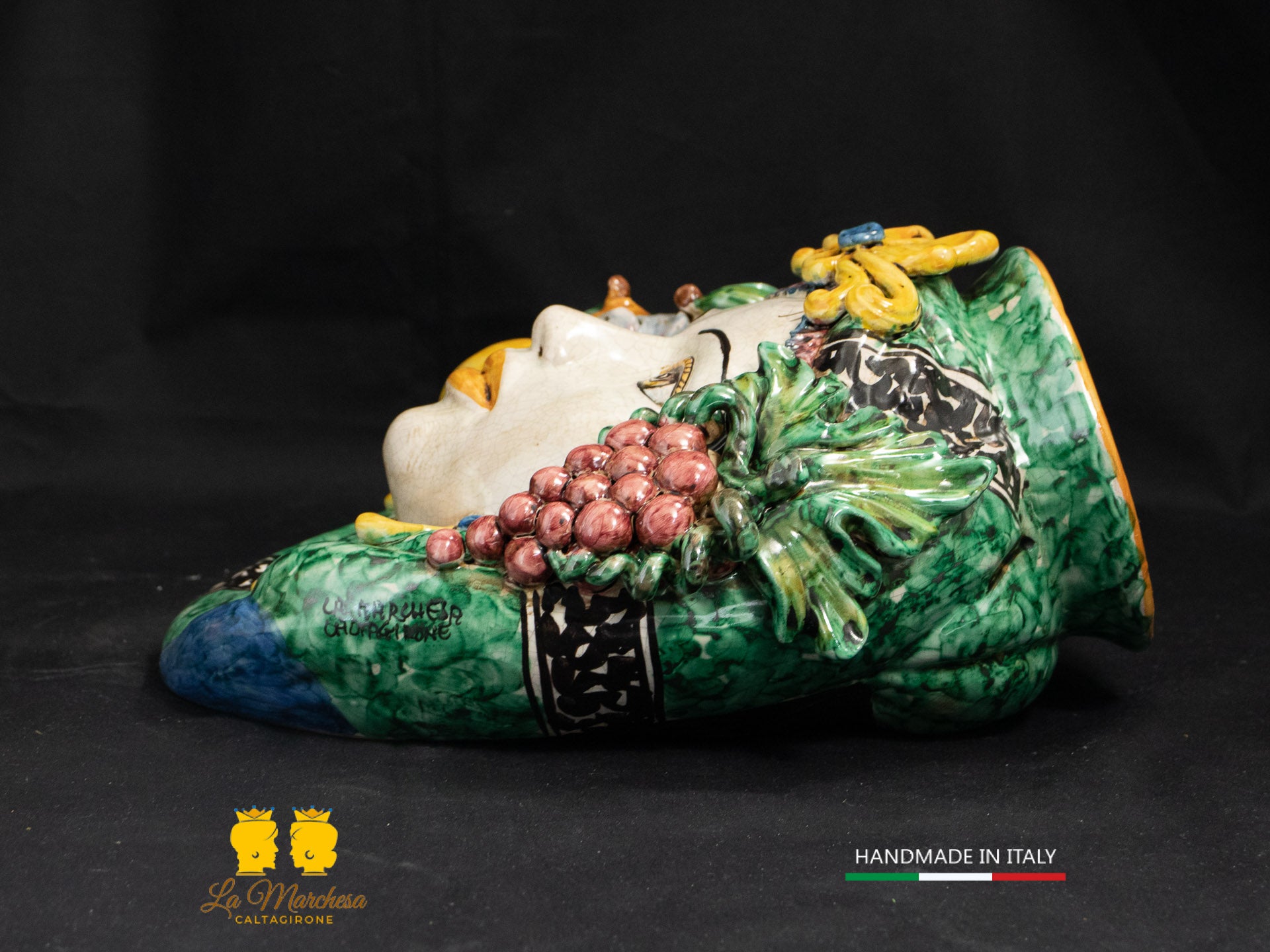 Teste di Moro da parete Ceramica di Caltagirone Classiche Verde rame frutta 28cm