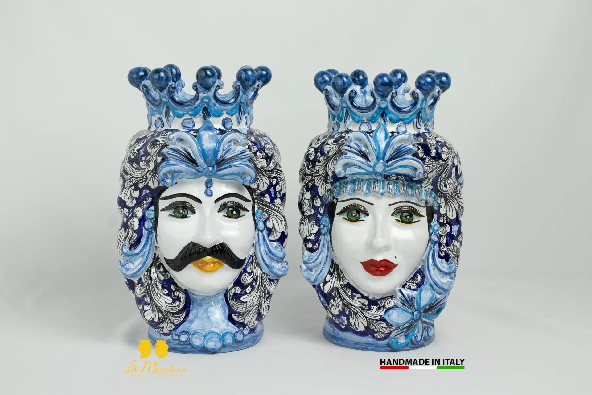 Teste di Moro Ceramica di Caltagirone Classiche ornato blu cobalto - Varie Misure