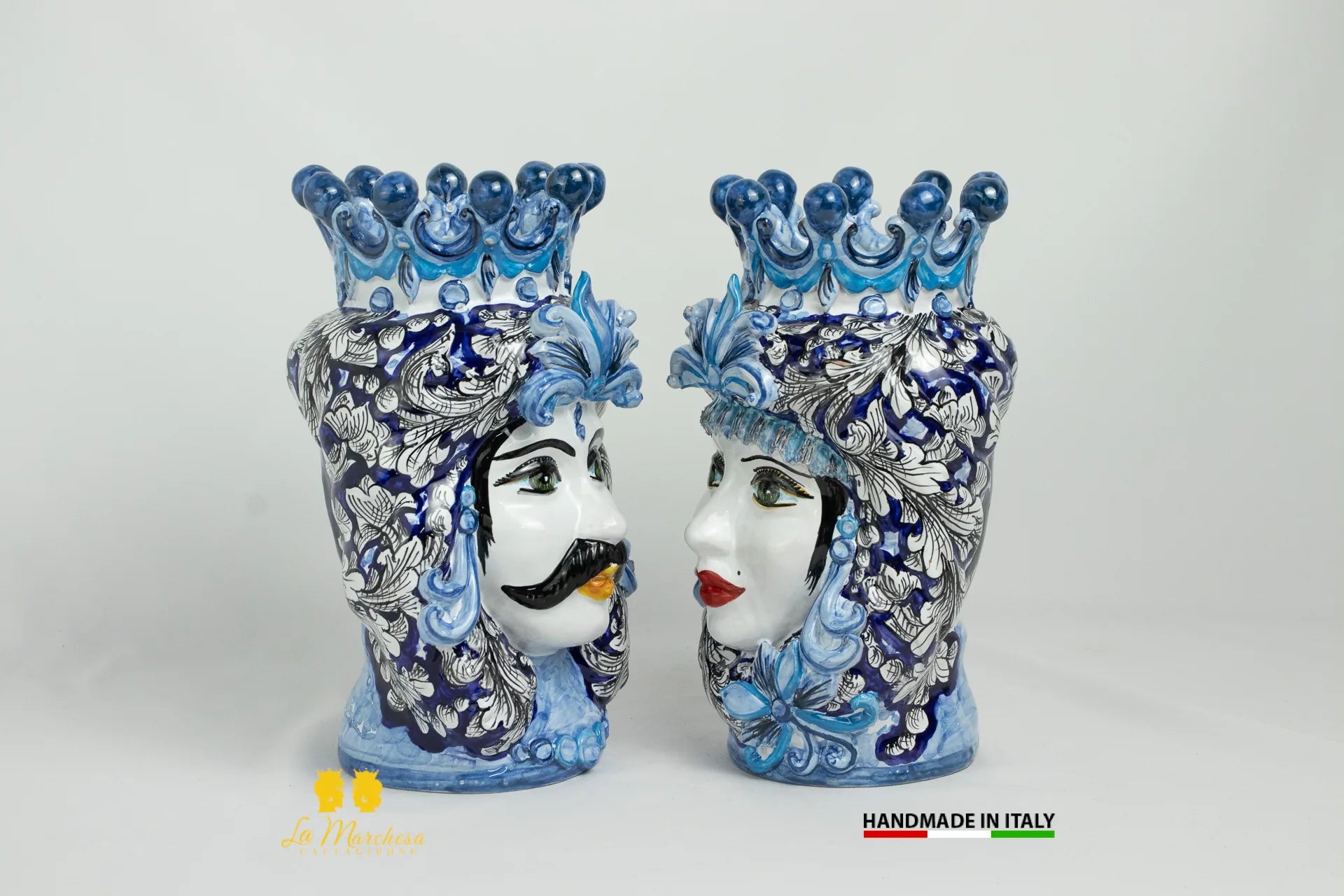 Teste di Moro Ceramica di Caltagirone Classiche ornato blu cobalto - Varie Misure