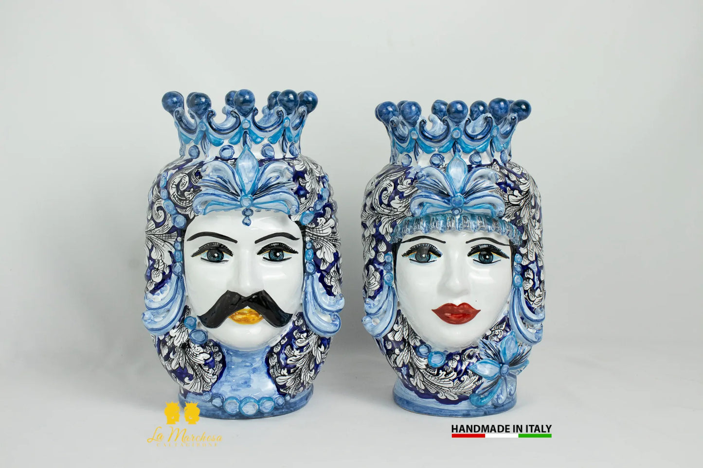 Teste di Moro Ceramica di Caltagirone Classiche ornato blu cobalto - Varie Misure