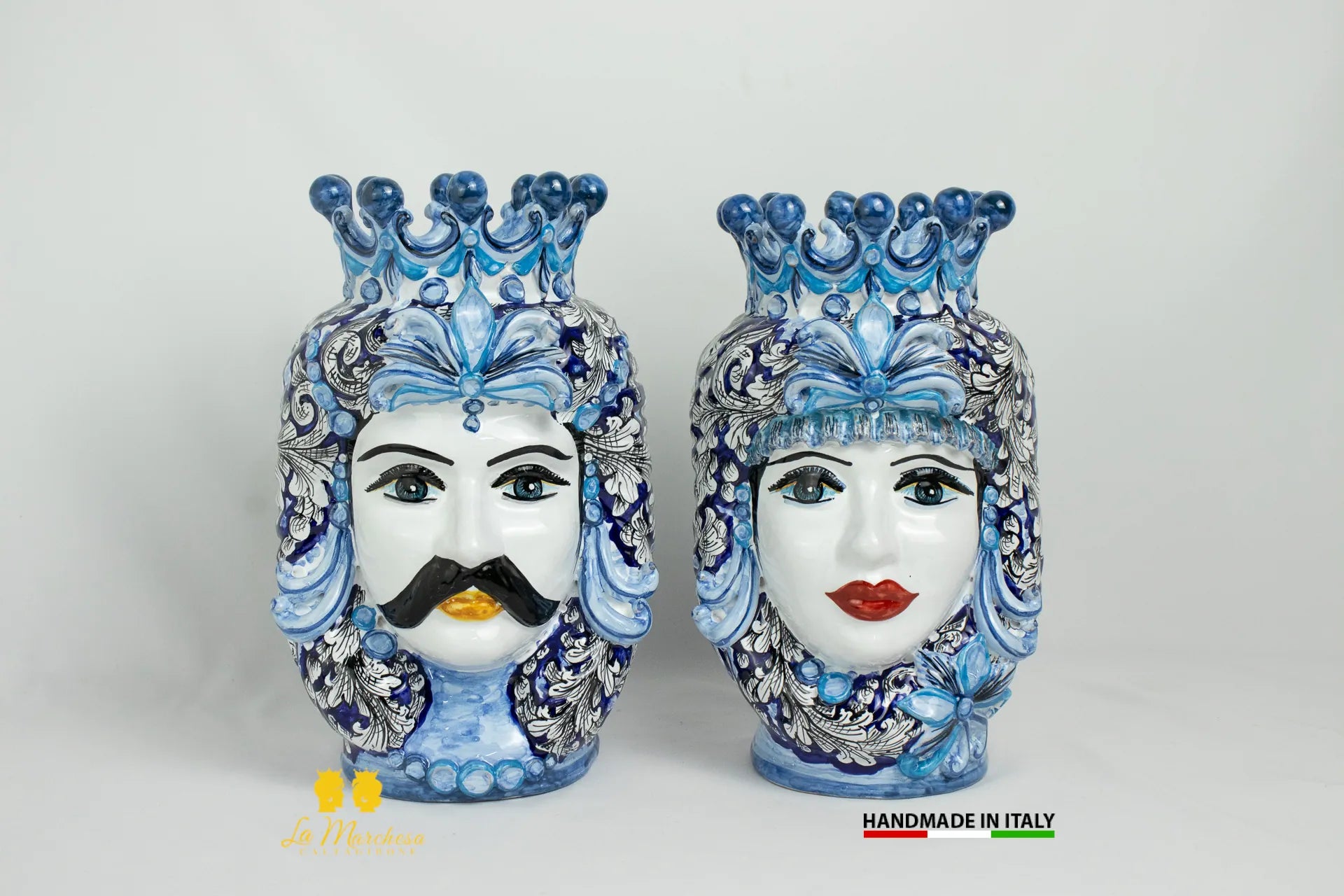 Teste di Moro Ceramica di Caltagirone Classiche ornato blu cobalto - Varie Misure