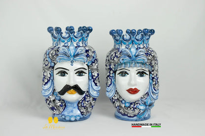 Teste di Moro Ceramica di Caltagirone Classiche ornato blu cobalto - Varie Misure