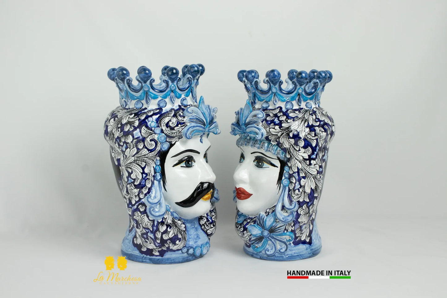 Teste di Moro Ceramica di Caltagirone Classiche ornato blu cobalto - Varie Misure
