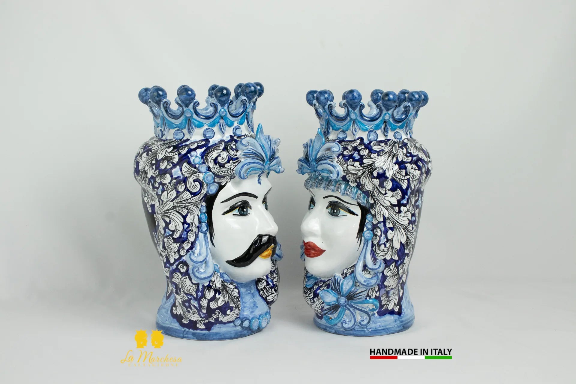 Teste di Moro Ceramica di Caltagirone Classiche ornato blu cobalto - Varie Misure