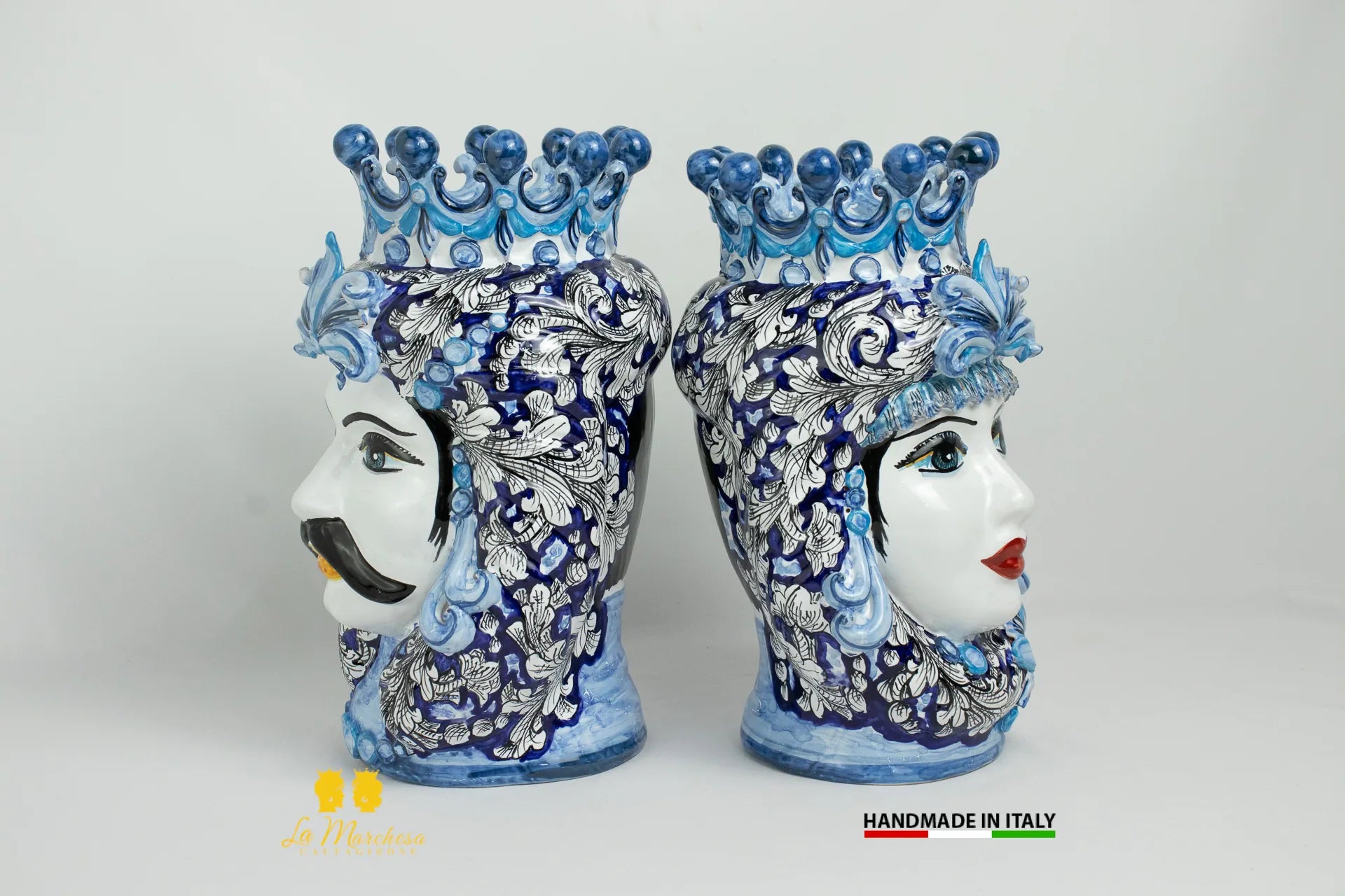 Teste di Moro Ceramica di Caltagirone Classiche ornato blu cobalto - Varie Misure