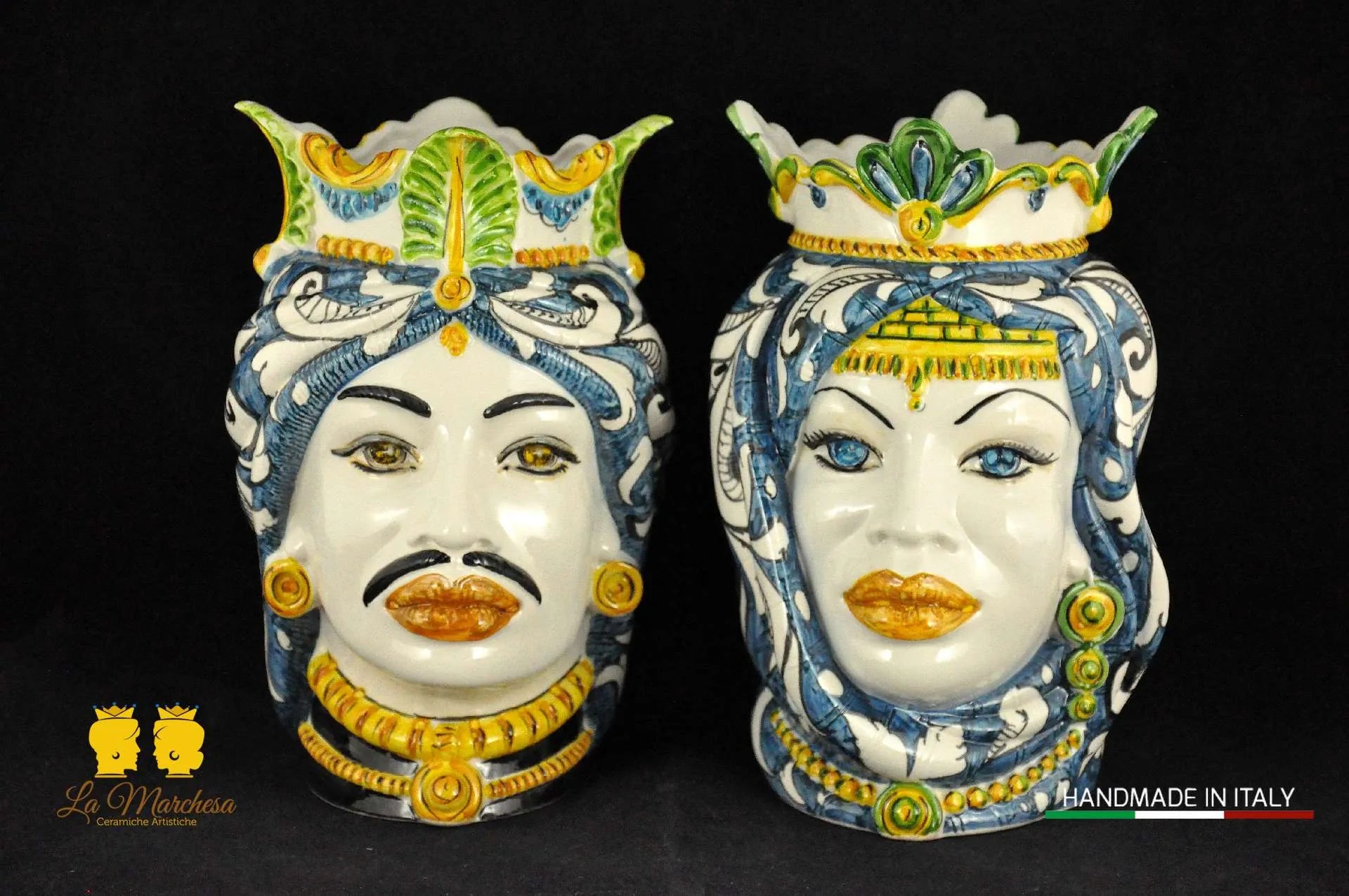 Teste di Moro in Ceramica di Caltagirone Afro Ornato Blu 26cm