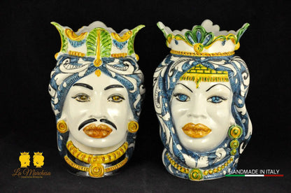 Teste di Moro in Ceramica di Caltagirone Afro Ornato Blu 26cm