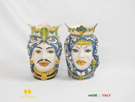 Teste di Moro in Ceramica di Caltagirone Afro Ornato Blu 26cm