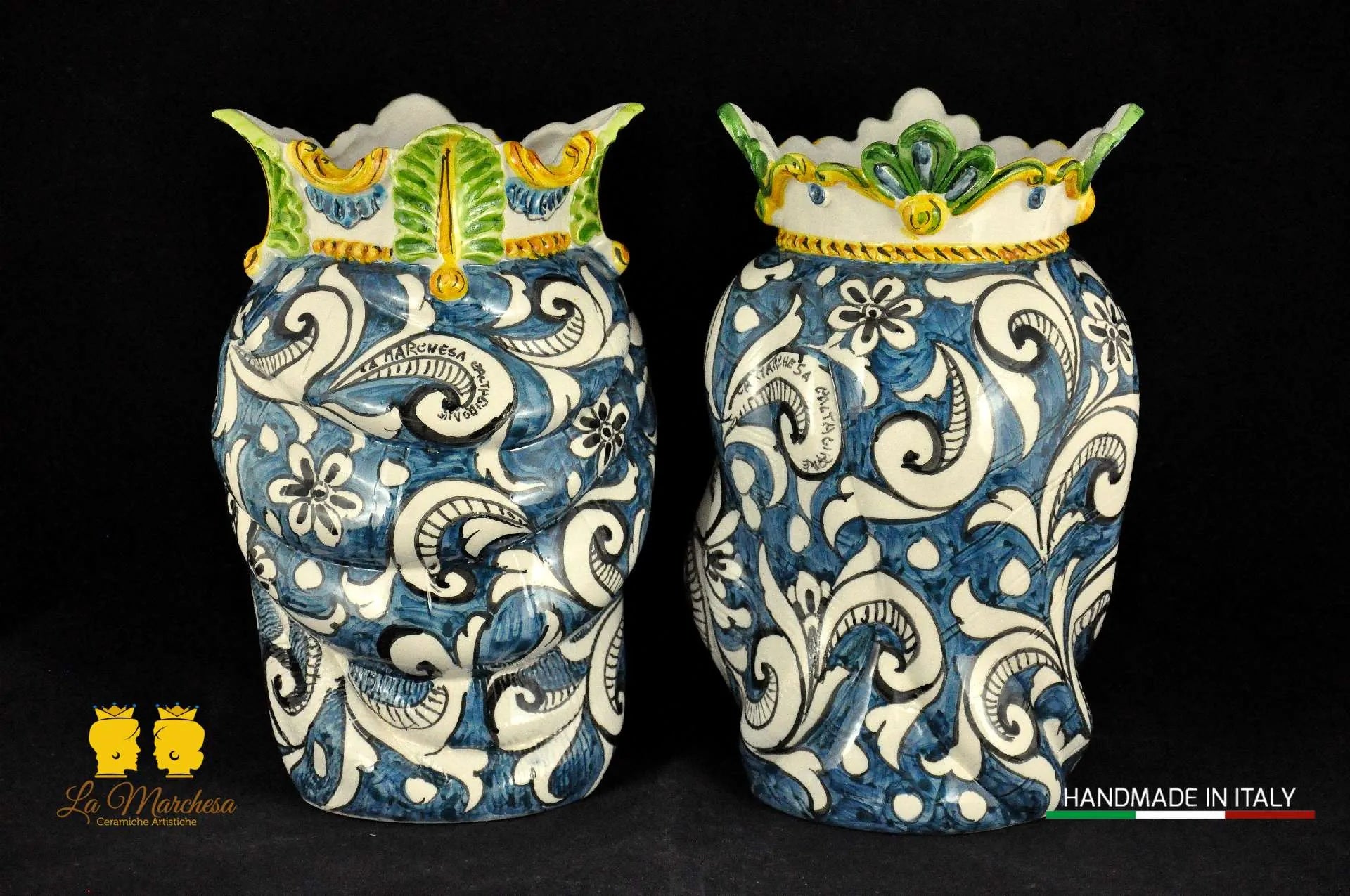 Teste di Moro in Ceramica di Caltagirone Afro Ornato Blu antico 26cm