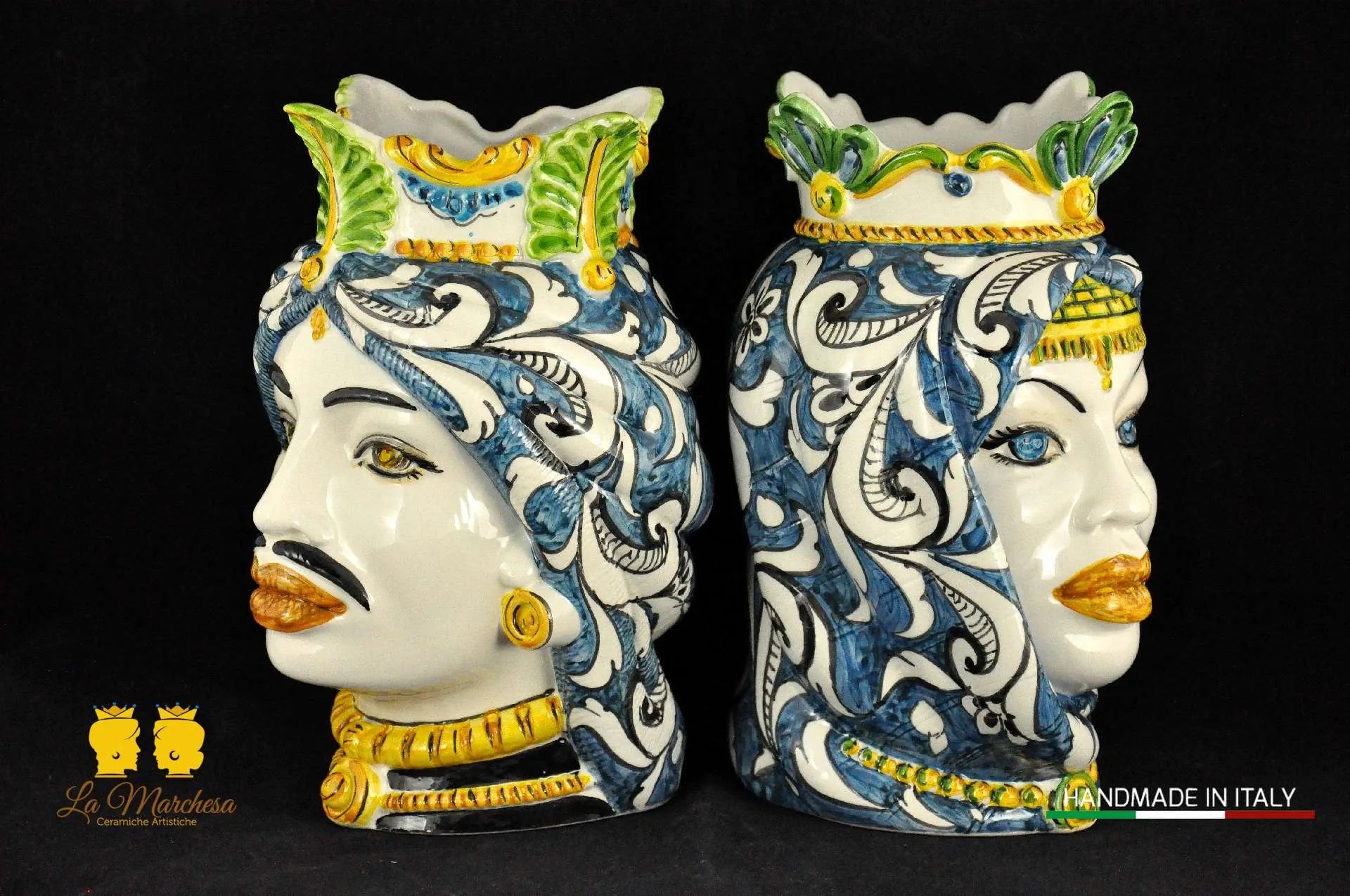 Teste di Moro in Ceramica di Caltagirone Afro Ornato Blu antico 26cm
