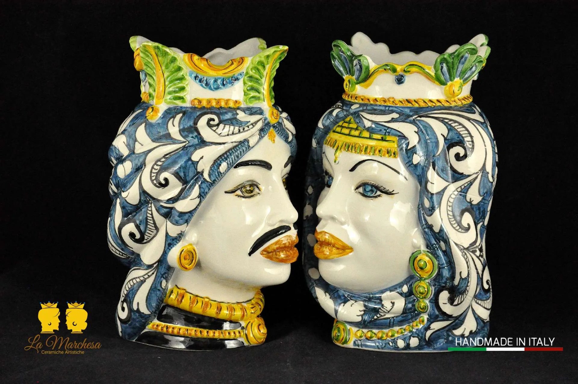 Teste di Moro in Ceramica di Caltagirone Afro Ornato Blu antico 26cm