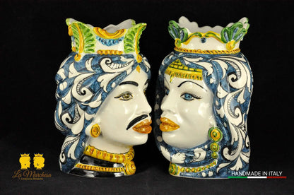 Teste di Moro in Ceramica di Caltagirone Afro Ornato Blu antico 26cm