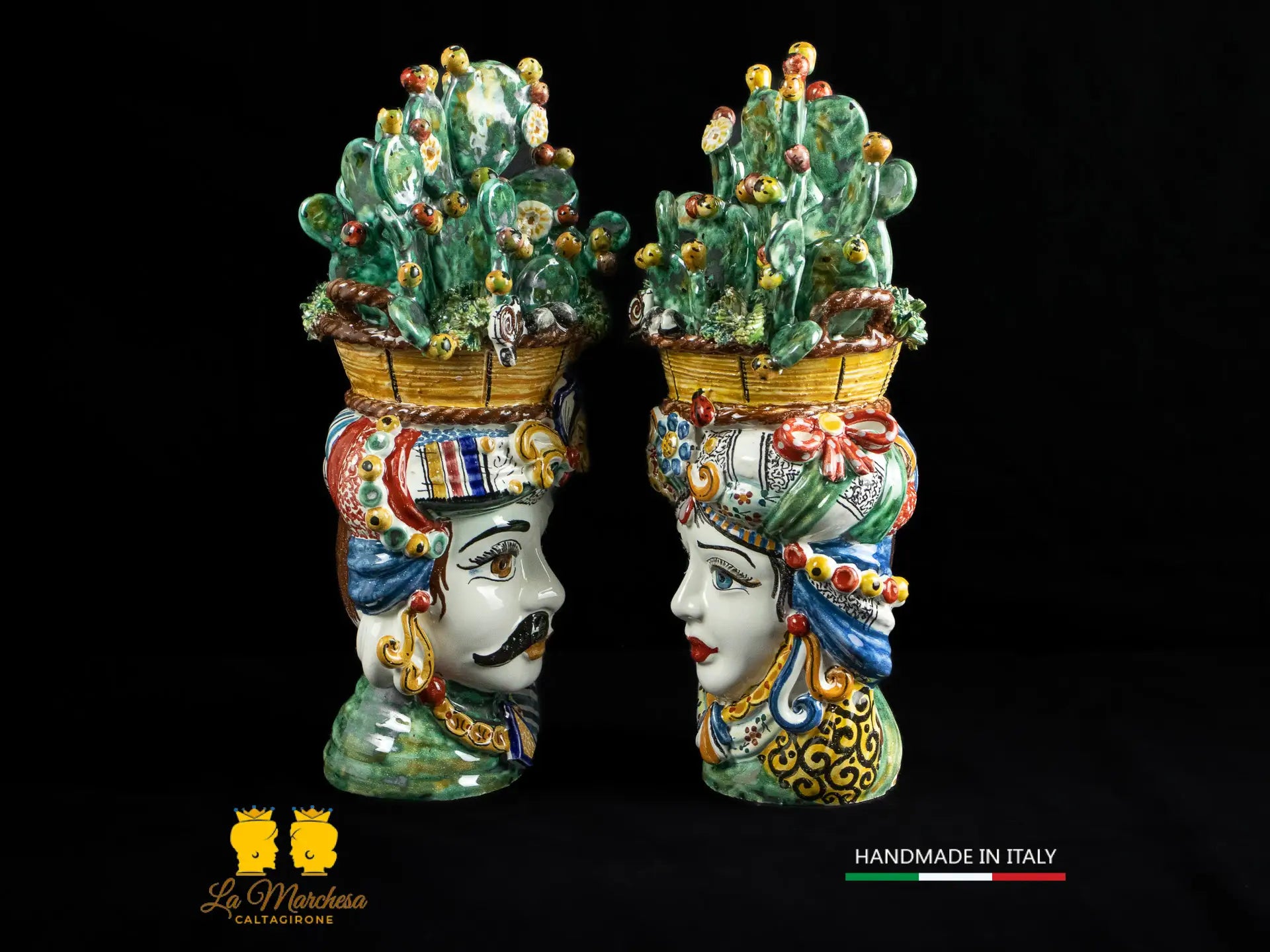 Teste di Moro Ceramica di Caltagirone cesto fichi d'India h31
