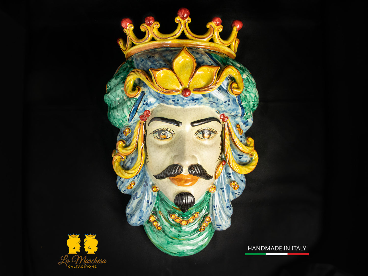 Teste di Moro da parete Ceramica di Caltagirone Verde rame craquelé 44cm