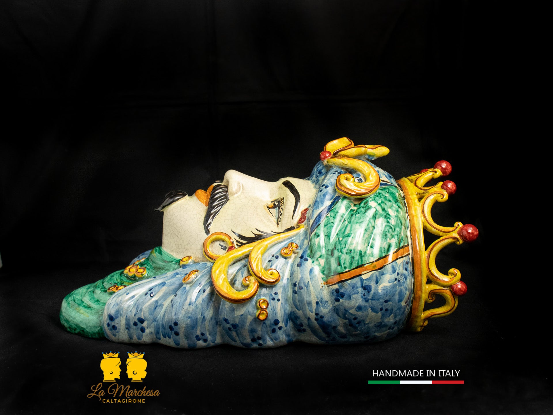 Teste di Moro da parete Ceramica di Caltagirone Verde rame craquelé 44cm