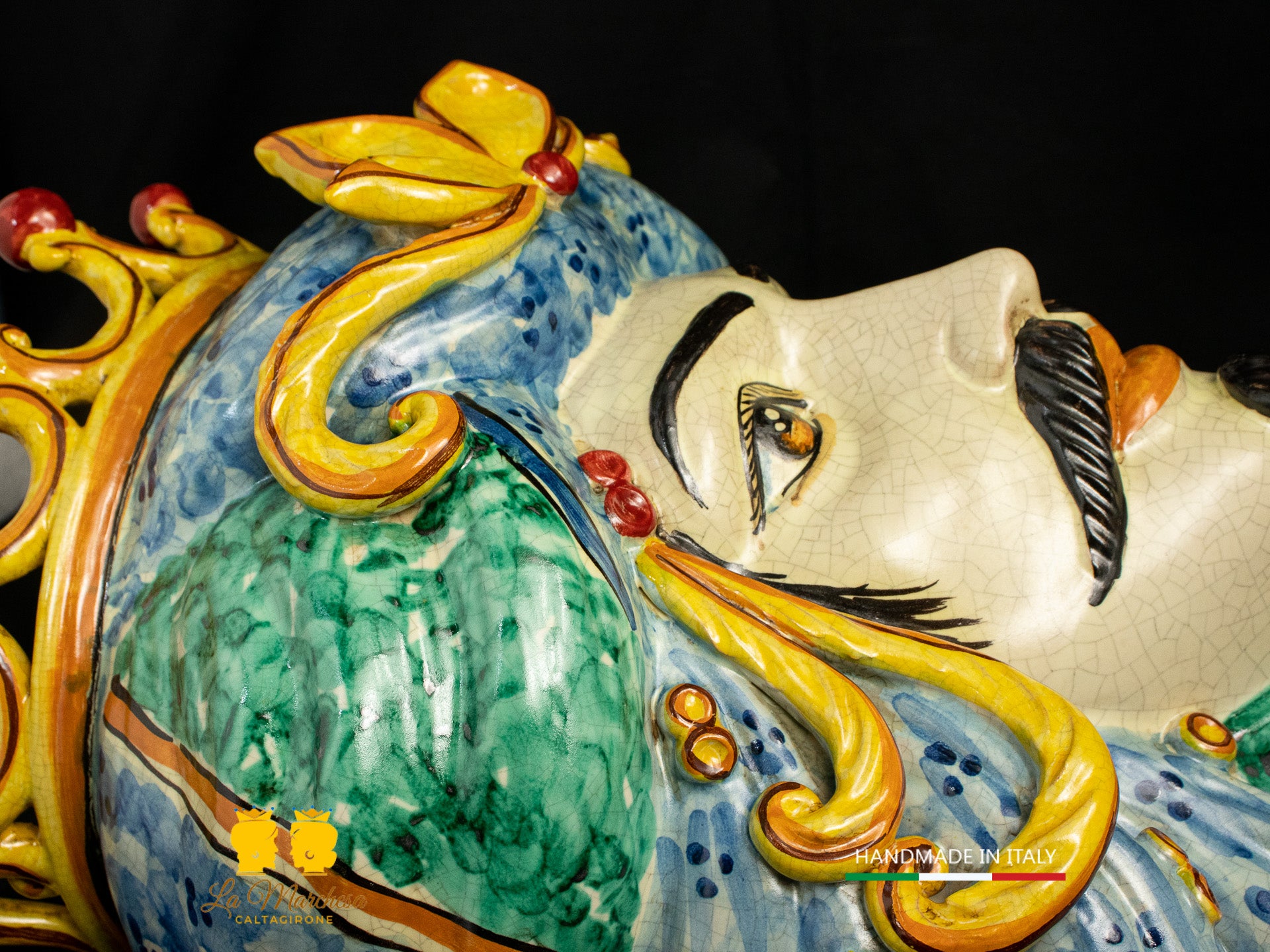 Teste di Moro da parete Ceramica di Caltagirone Verde rame craquelé 44cm