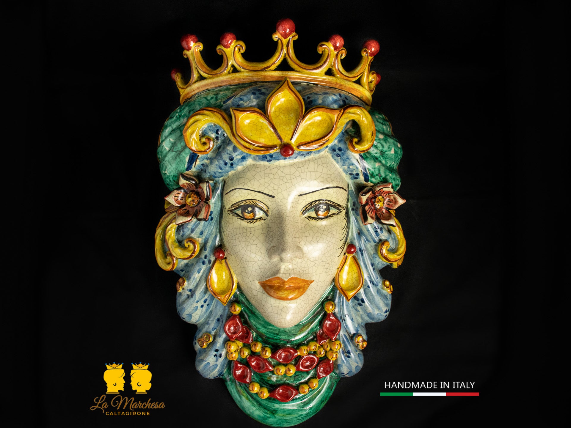 Teste di Moro da parete Ceramica di Caltagirone Verde rame craquelé 44cm