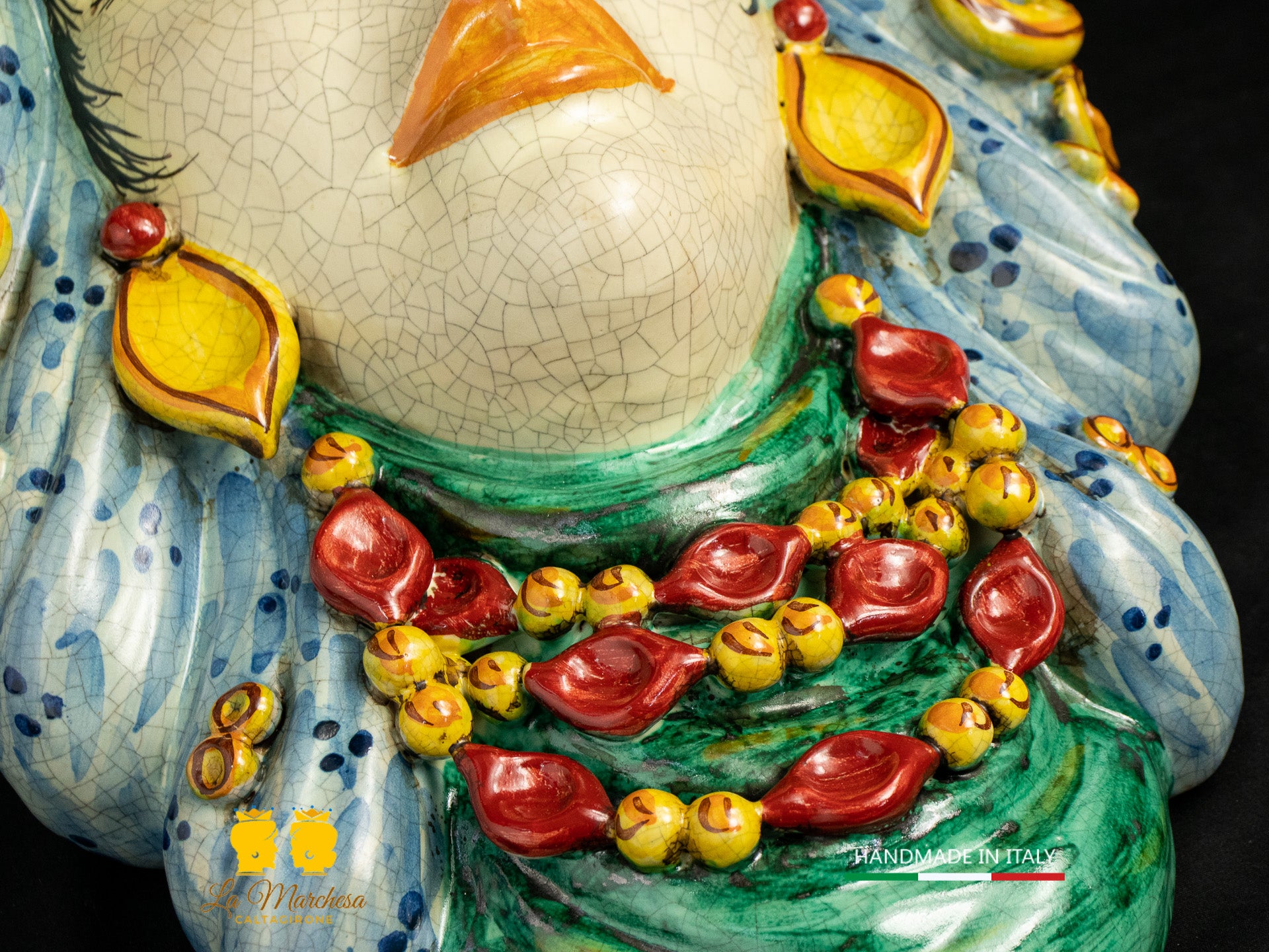 Teste di Moro da parete Ceramica di Caltagirone Verde rame craquelé 44cm