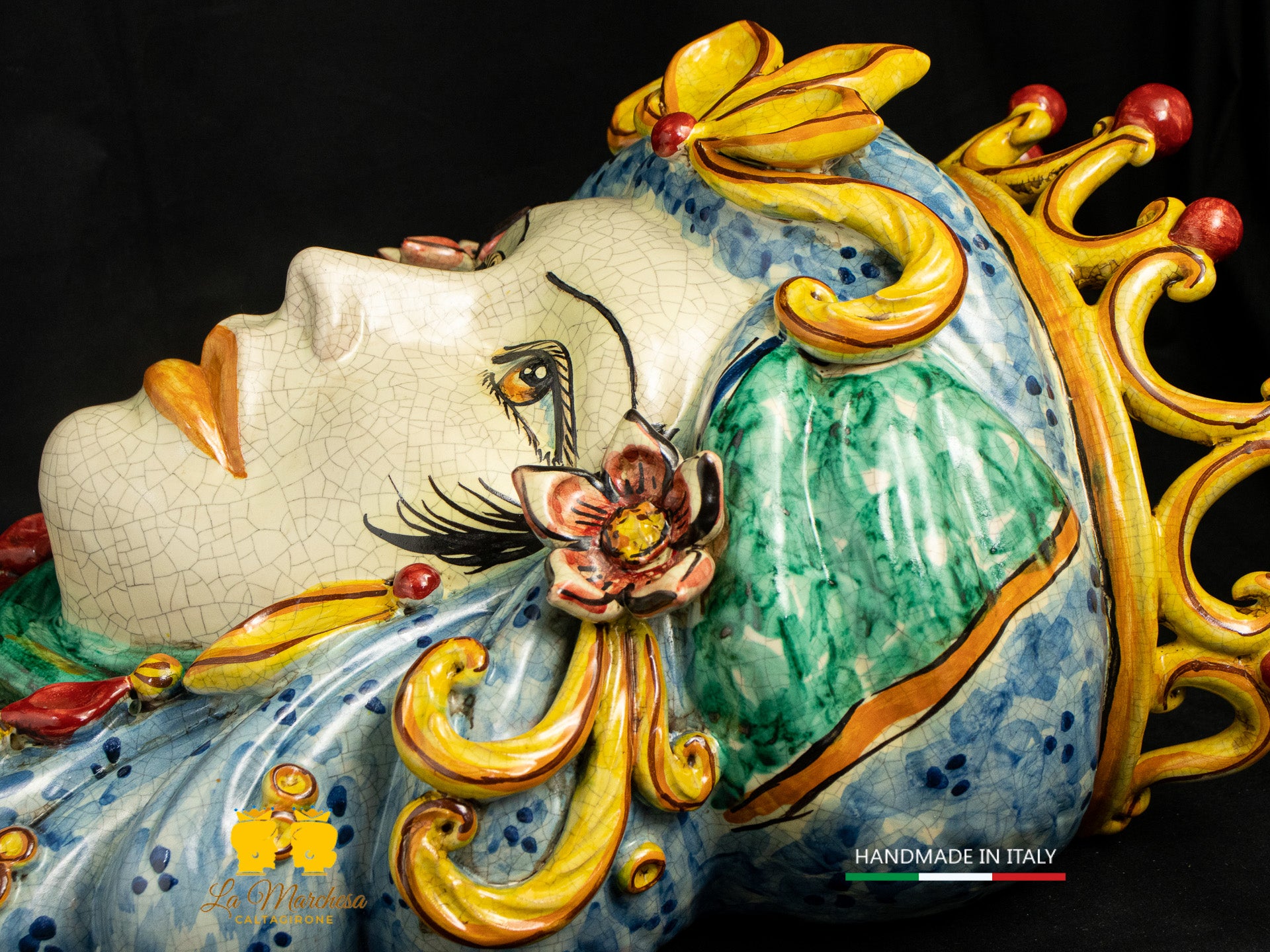 Teste di Moro da parete Ceramica di Caltagirone Verde rame craquelé 44cm