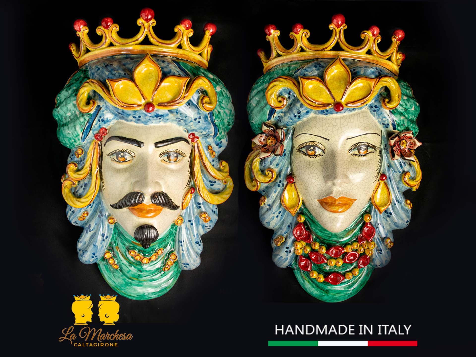 Teste di Moro da parete Ceramica di Caltagirone Verde rame craquelé 44cm