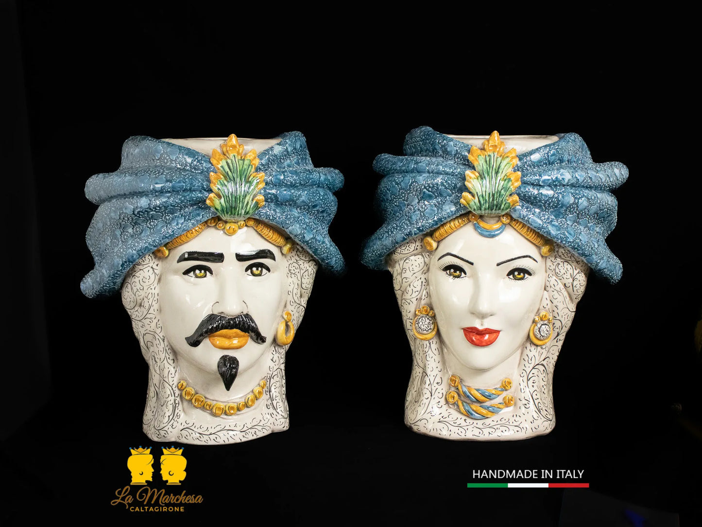 Coppia Testa di Moro in Ceramica di Caltagirone turbante blu 39cm