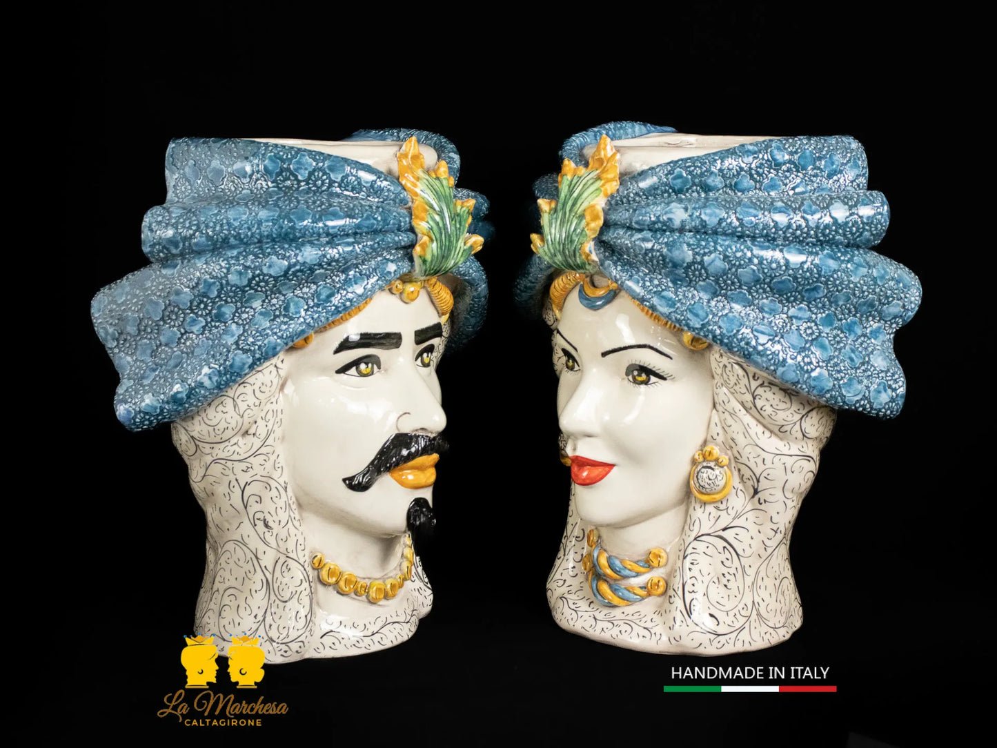 Coppia Testa di Moro in Ceramica di Caltagirone turbante blu 39cm