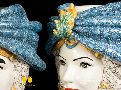 Coppia Testa di Moro in Ceramica di Caltagirone turbante blu 39cm