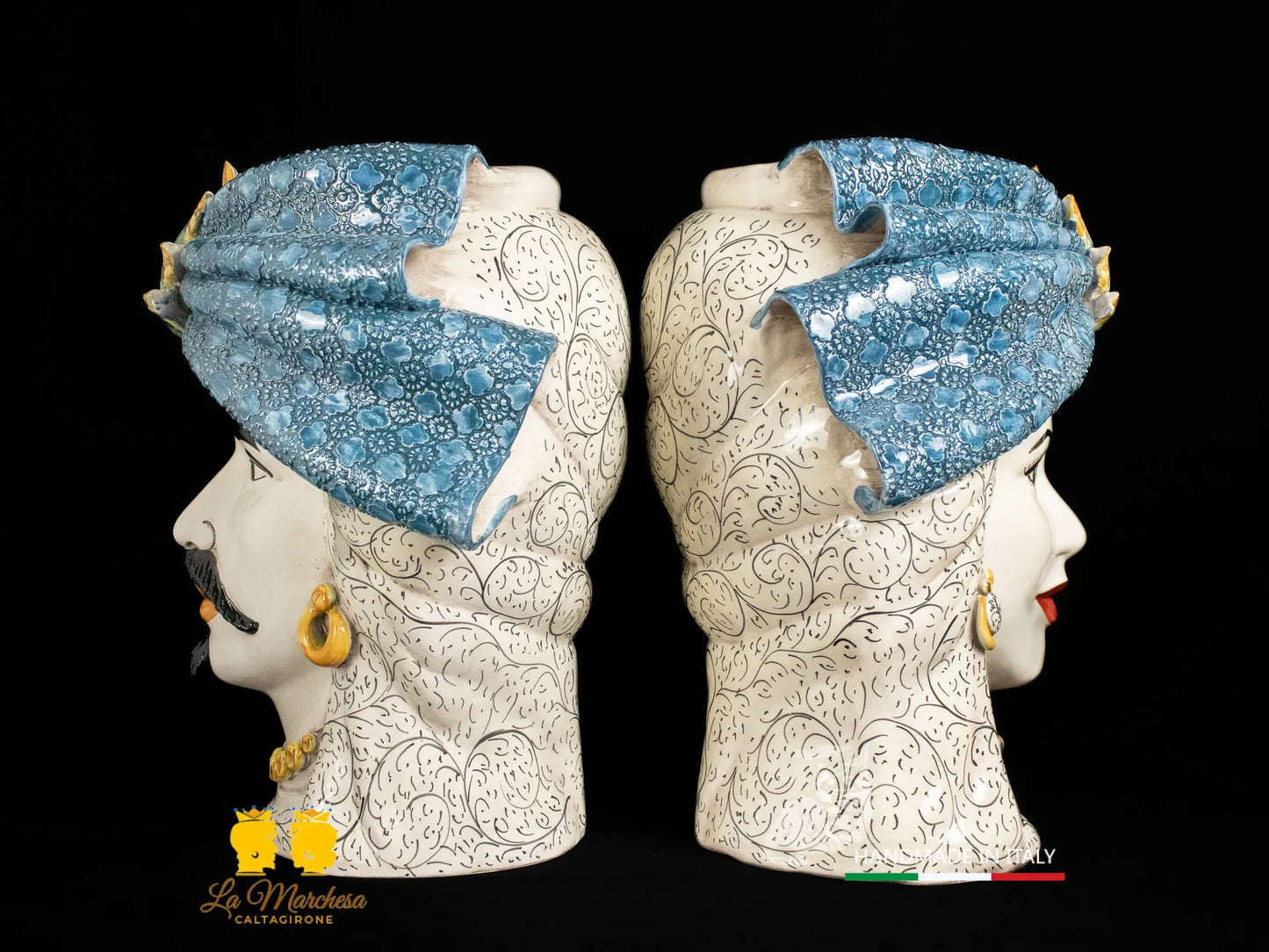 Coppia Testa di Moro in Ceramica di Caltagirone turbante blu 39cm