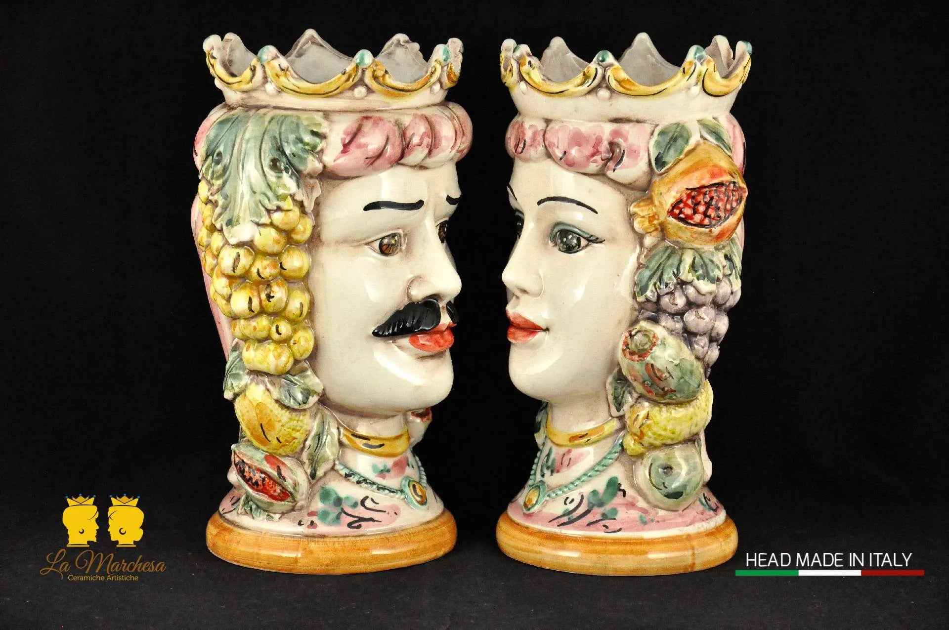 Teste di Moro in ceramica di Caltagirone Corona e frutta fumè h27