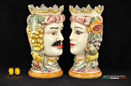 Teste di Moro in ceramica di Caltagirone Corona e frutta fumè h27
