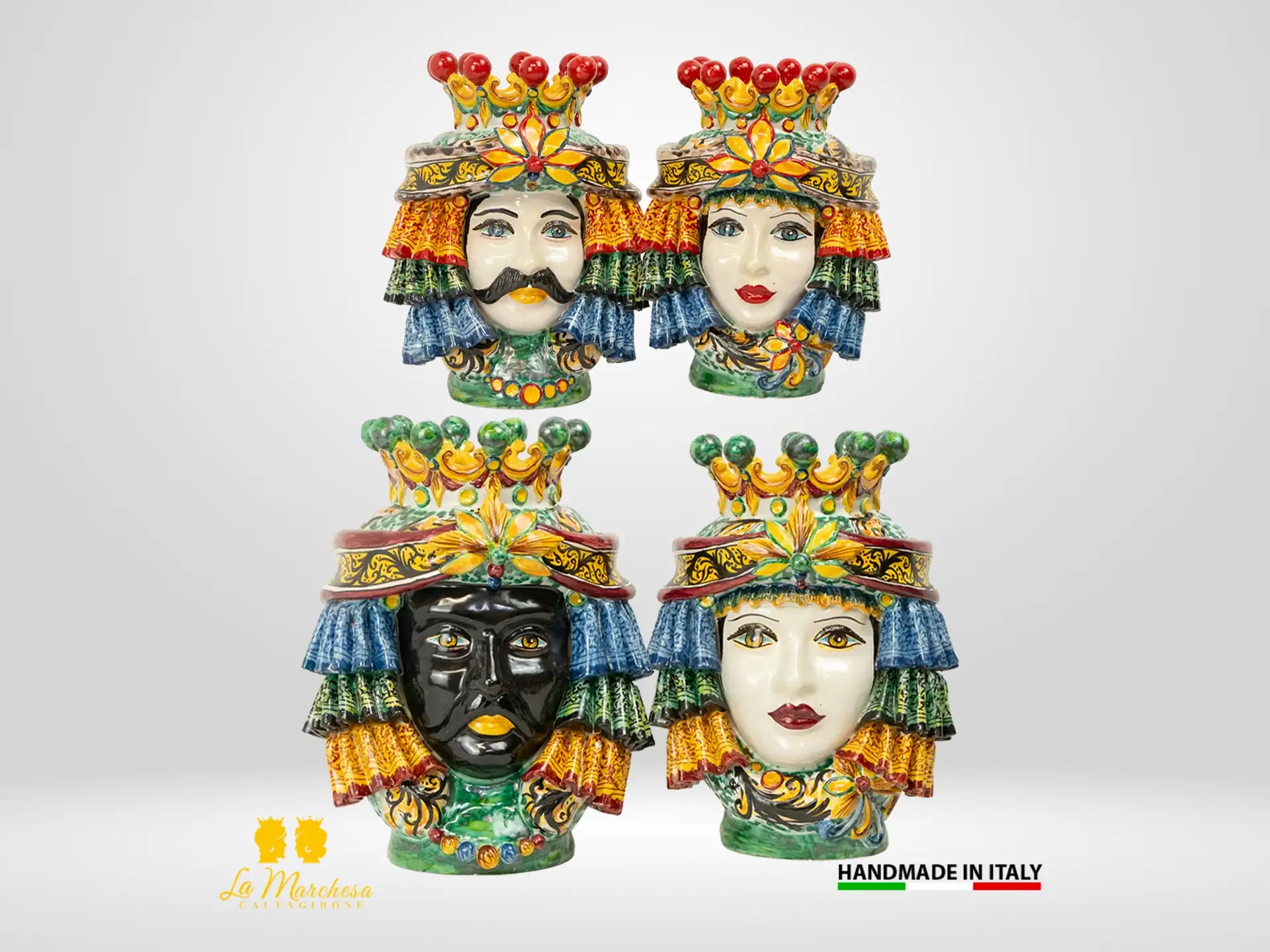 Teste di Moro in Ceramica di Caltagirone Panneggio corona - Varie misure