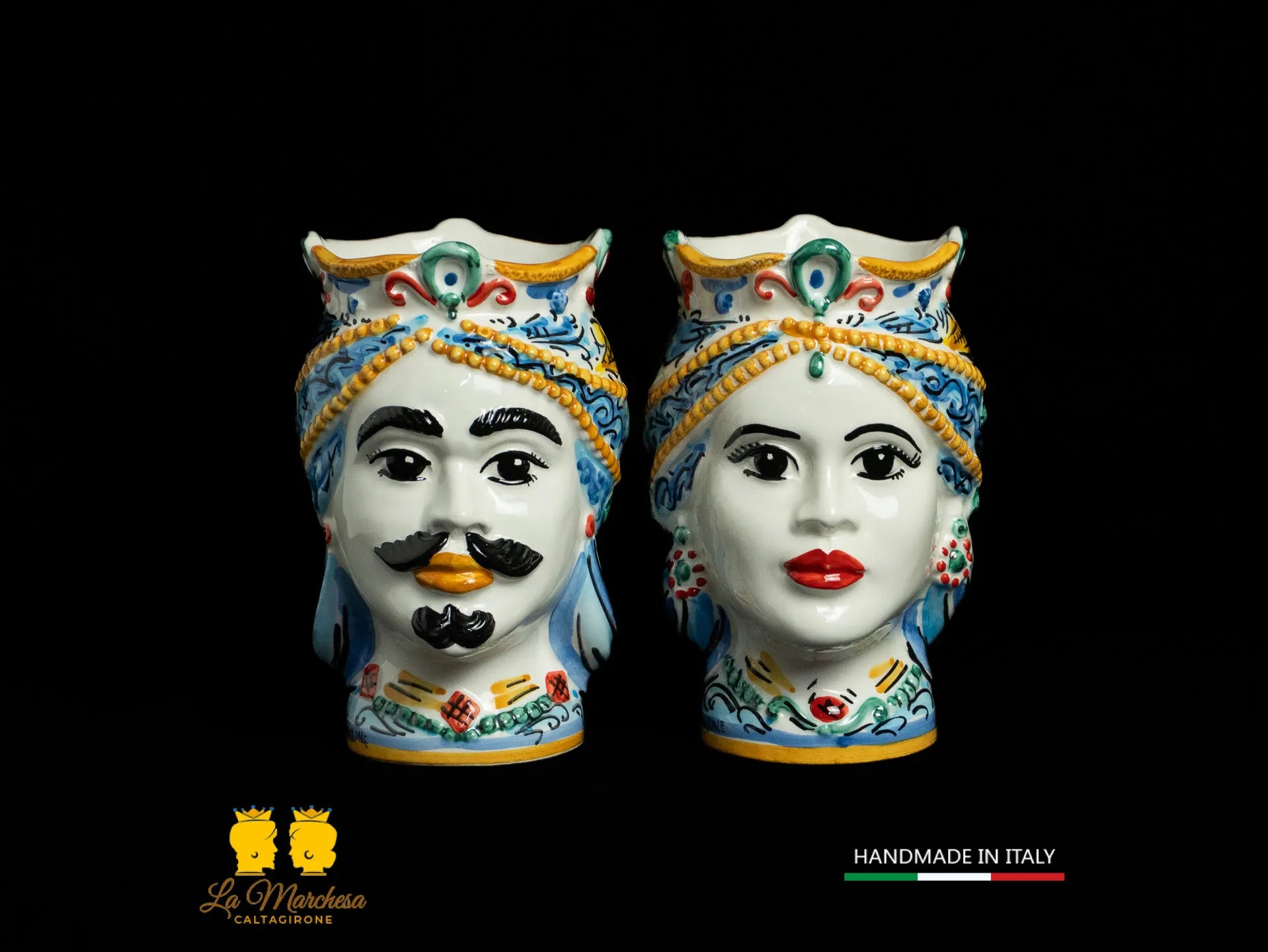 Teste di Moro da muro Ceramica di Caltagirone ornato blu antico 19cm