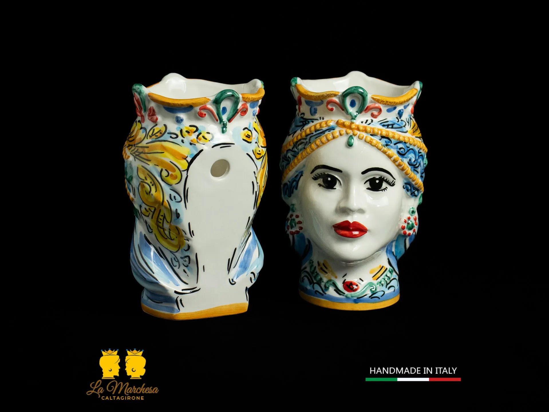 Teste di Moro da muro Ceramica di Caltagirone ornato blu antico 19cm